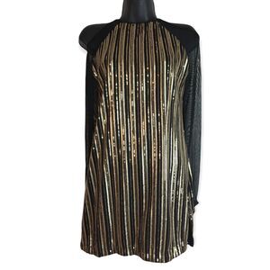 Revolution Black Gold Sequin Dance Costume Open Shoulder Mini Dress NWOT LC